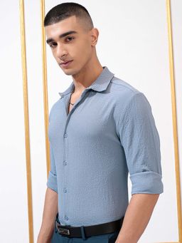 HIGHLANDER - Men Blue Popcorn Textured Regular Fit Shirt