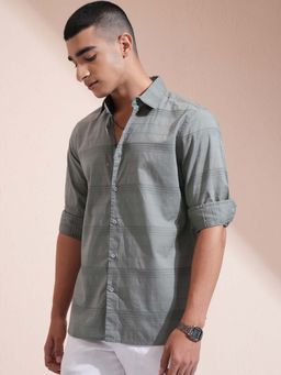 HIGHLANDER - Men Olive Stripes Full Sleeves Casual Shirt