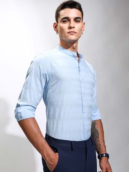 HIGHLANDER - Men Blue Stripes Mandarin Collar Shirt
