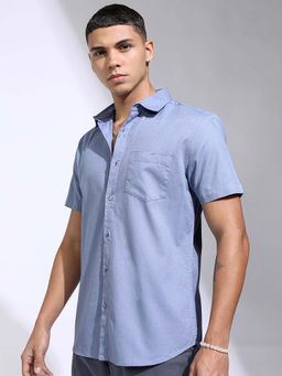 HIGHLANDER - Men Blue Jacquard Textured Casual Shirt