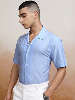 HIGHLANDER - Men Blue Stripes Cuban Collar Relaxed Fit Shirt