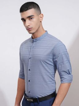 HIGHLANDER - Men Blue Stripes Mandarin Collar Regular Fit Shirt