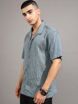 HIGHLANDER - Men Blue Jacquard Textured Relaxed Fit Shirt