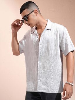 HIGHLANDER - Men Light Grey Jacquard Textured Relaxed Fit Shirt