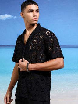 HIGHLANDER - Men Black Hakoba Schiffli Self Design Relaxed Fit Shirt