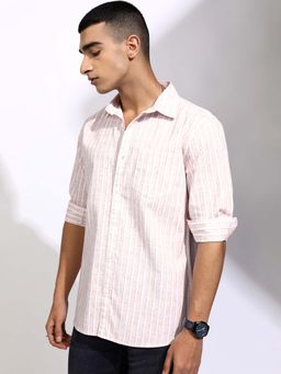 HIGHLANDER - Men Pink Cotton Linen Stripes Casual Regular Fit Shirt