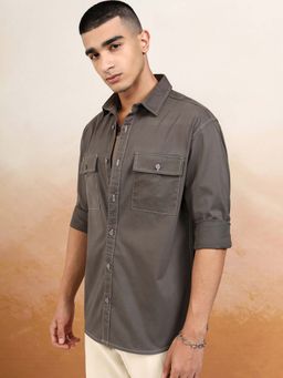 HIGHLANDER - Men Grey Contrast Stitched Solid Relaxed Fit Shirt