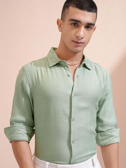 HIGHLANDER - Men Pista Green Dobby Textured Shirt
