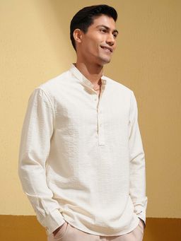 HIGHLANDER - Men Off White Popcorn Textured Mandarin Collar Shirt