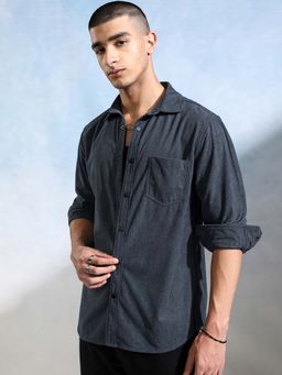 HIGHLANDER - Men Navy Blue Corduroy Ribbed Slim Fit Casual Shirt