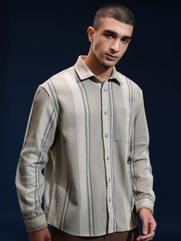 HIGHLANDER - Men Grey Herringbone Melange Stripes Relaxed Fit Shirt