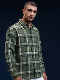 HIGHLANDER - Men Green 3D Dobby Checks Relaxed Fit Shirt