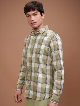HIGHLANDER - Men Olive Checks Casual Slim Fit Shirt