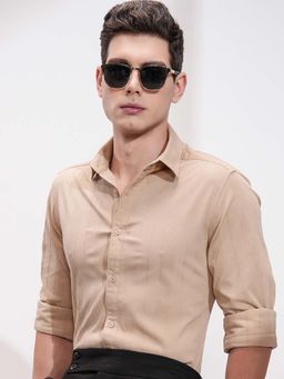 HIGHLANDER - Men Beige Dobby Textured Full Sleeves Shirt