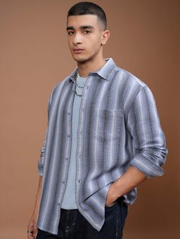 HIGHLANDER - Men Blue Waffle Dobby Stripes Relaxed Fit Shirt