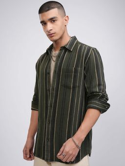 HIGHLANDER - Men Olive Dobby Textured Stripes Shirt