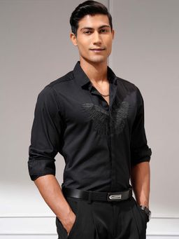 HIGHLANDER - Men Black Embroidered Slim Fit Party Shirt