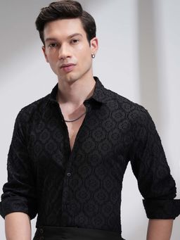 HIGHLANDER - Men Black Self Design Evening Party Shirt