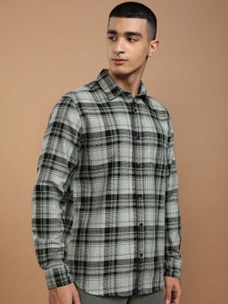 HIGHLANDER - Men Grey Regular Fit Dobby Checks Shirt