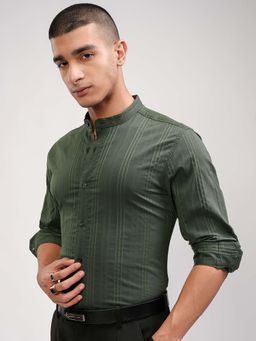 HIGHLANDER - Men Green 3D Dobby Textured Stripes Shirt