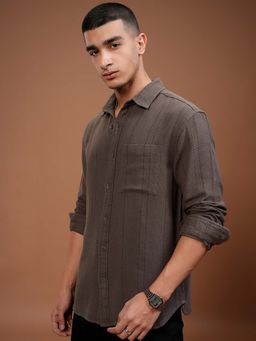 HIGHLANDER - Men Brown Dobby Textured Stripes Relaxed Fit Shirt