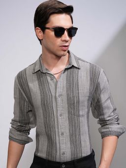 HIGHLANDER - Men Grey Dobby Textured Stripes Relaxed Shirt