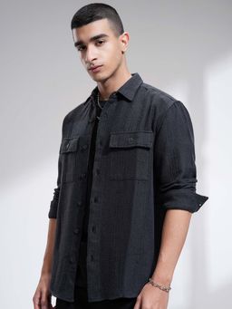HIGHLANDER - Men Charcoal Dobby Textured Relaxed Fit Shirt