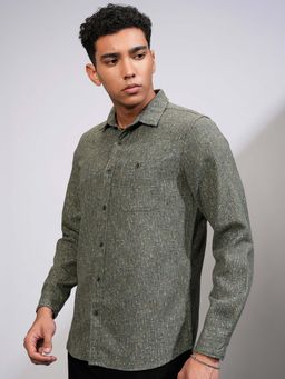HIGHLANDER - Men Olive Textured Casual Grindel Shirt