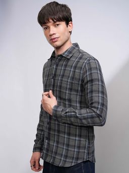 HIGHLANDER - Men Grey and Navy Blue Checks Slim Fit Full Sleeves Shirt