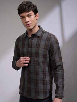 HIGHLANDER - Men Grey Checks Regular Fit Full Sleeves Casual Shirt