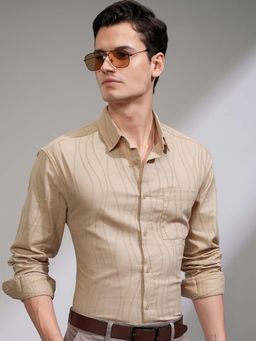 HIGHLANDER - Men Beige Jacquard Textured Relaxed Fit Party Shirt