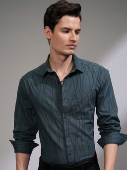 HIGHLANDER - Men Teal Jacquard Textured Relaxed Fit Party Shirt