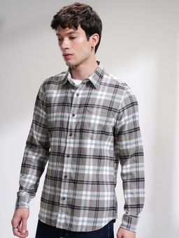 HIGHLANDER - Men Grey and Blue Grindle Flannel Checks Casual Shirt