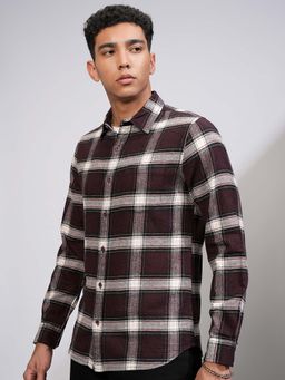 HIGHLANDER - Men Burgundy Grindle Flannel Checks Casual Shirt