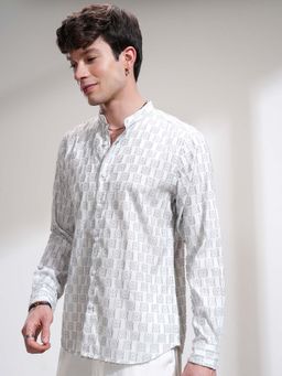 HIGHLANDER - Men Grey Self Design Mandarin Collar Shirt