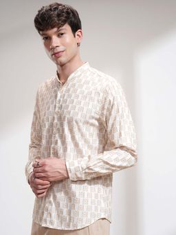 HIGHLANDER - Men Beige Self Design Mandarin Collar Shirt