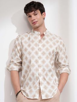 HIGHLANDER - Men Beige Self Design Mandarin Collar Shirt