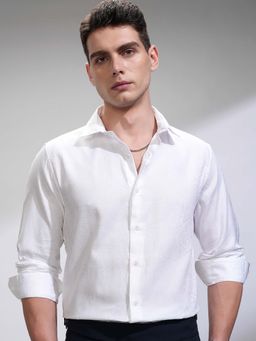 HIGHLANDER - Men White Jacquard Self Design Evening Party Shirt