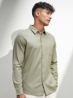 HIGHLANDER - Men Light Olive Regular Fit Textured Cotton Casual Shirt