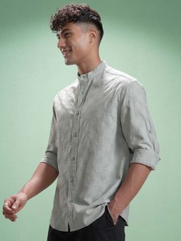HIGHLANDER - Men Grey Jacquard Self Design Half Placket Shirt