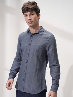 HIGHLANDER - Men Dusky Blue Slim Fit Texture Casual Shirt