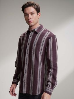 HIGHLANDER - Men Wine Stripes Relaxed Fit Dobby Cotton Shirt