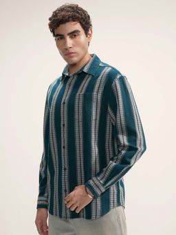 HIGHLANDER - Men Teal Stripes Relaxed Fit Dobby Cotton Shirt