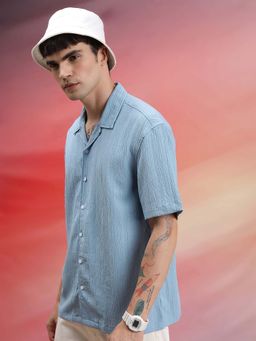 HIGHLANDER - Men Blue Textured Oversized Casual Shirt