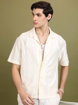 HIGHLANDER - Men Cream Self Design Crochet Oversized Shirt