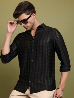 HIGHLANDER - Men Black Crochet Self Design Regular Fit Shirt