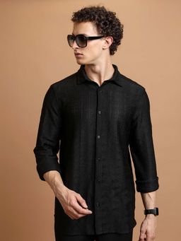 HIGHLANDER - Men Black Self Design Relaxed Fit Casual Crochet Shirt