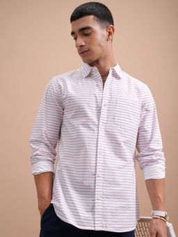 HIGHLANDER - Men Red and White Slim Fit Stripes Casual Shirt