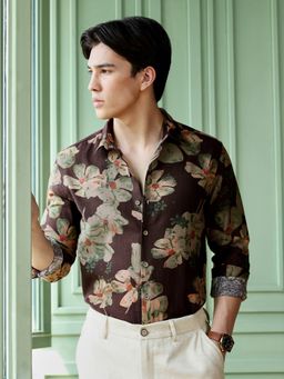 CAHOOT - Men Dark Brown Floral Printed Full Sleeves Casual Shirt