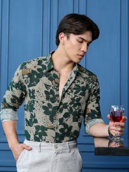 CAHOOT - Men Dark Green Floral Print Full Sleeves Regular Fit Casual Shirt